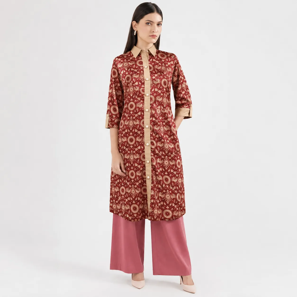 Maroon Printed Long Shirt with Contrast Placket